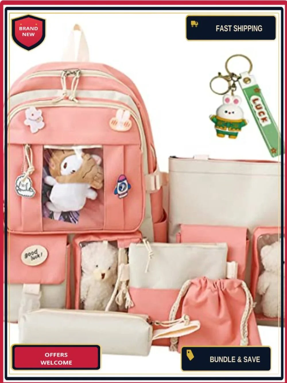 Kawaii 5-Piece Waterproof Nylon Backpack Set with Pencil Box & Tote Bag (17in,